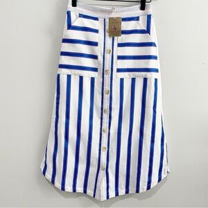 JOULES Orielle Linen Blend Midi Skirt White Blue Stripe NEW Coastal Size 2